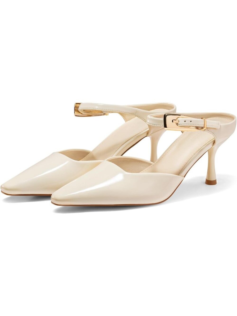 Women's Beige High Heels Mules Closed Toe Ankle Buckle Strap Slip On Pumps Shoes